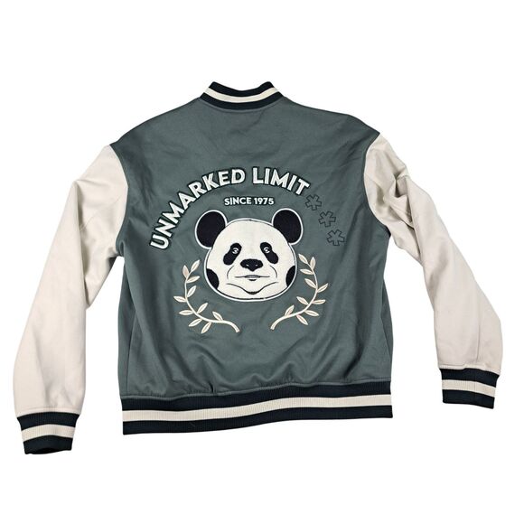 Zara DNWR Varsity Bomber Jacket Mens L Green White Embroidered Snap Up Panda - Picture 1 of 14
